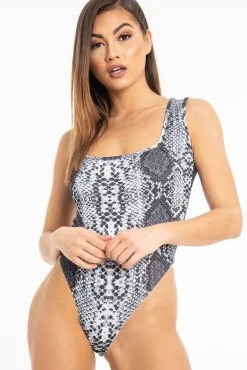 Rebellious Fashion Grey Snake Print Sleeveless Bodysuit - Payge