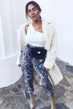 Rebellious Fashion Grey Snake Print Tie Waist Cuffed Trousers - Annica