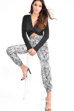 Rebellious Fashion Grey Snake Print Tie Waist Cuffed Trousers - Annica