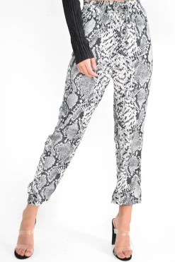 Rebellious Fashion Grey Snake Print Tie Waist Cuffed Trousers - Annica