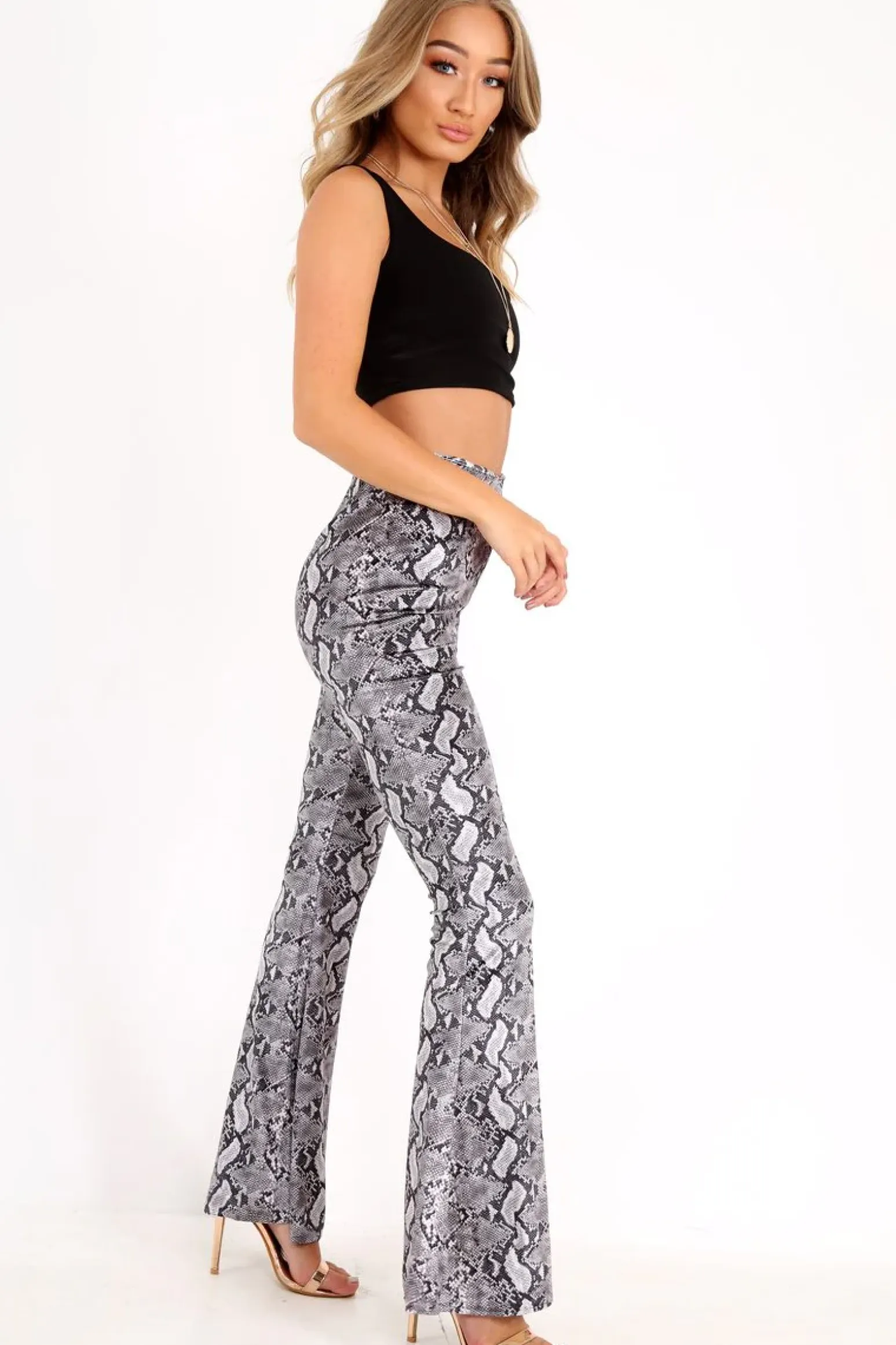 Rebellious Fashion Grey Snake Print Velvet Flare Trousers - Tillee