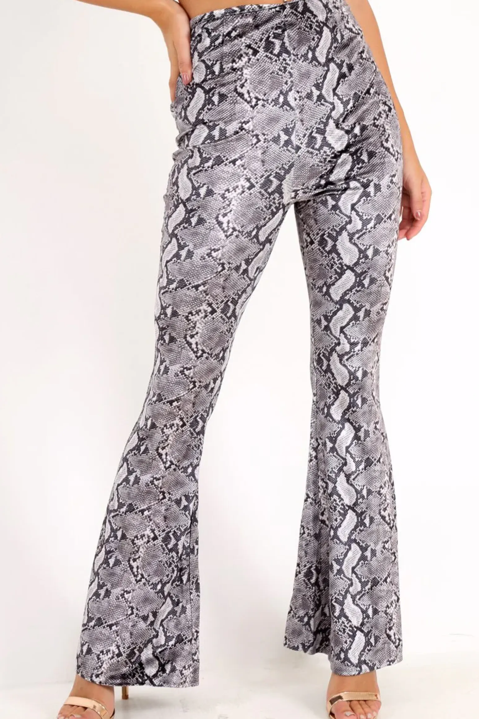 Rebellious Fashion Grey Snake Print Velvet Flare Trousers - Tillee