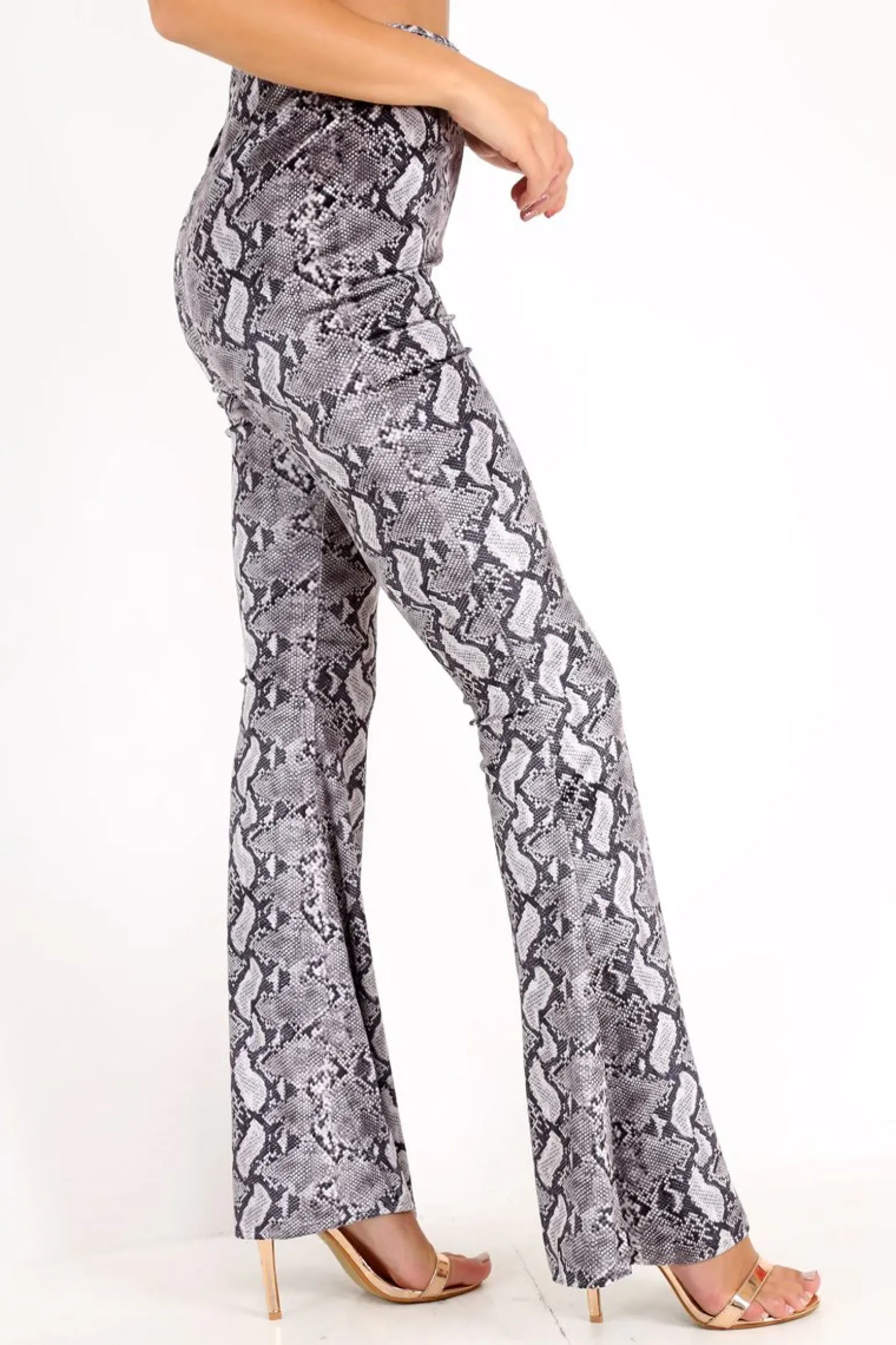 Rebellious Fashion Grey Snake Print Velvet Flare Trousers - Tillee