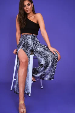 Rebellious Fashion Grey Snake Print Wide Leg Belted Trousers - Brooklinn