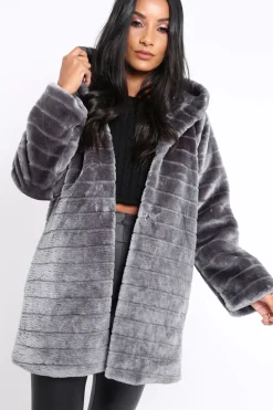 Rebellious Fashion Grey Soft Faux Fur Hooded Coat - Kila