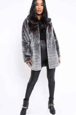Rebellious Fashion Grey Soft Faux Fur Hooded Coat - Kila