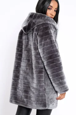 Rebellious Fashion Grey Soft Faux Fur Hooded Coat - Kila