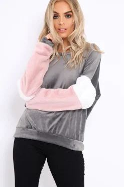 Rebellious Fashion Grey Soft Fur Jumper with Contrast Sleeves - Erla