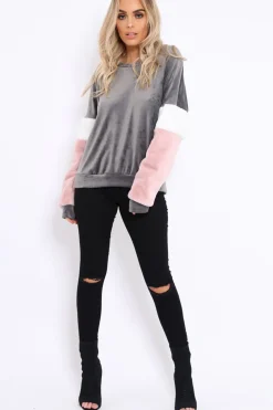 Rebellious Fashion Grey Soft Fur Jumper with Contrast Sleeves - Erla