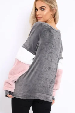 Rebellious Fashion Grey Soft Fur Jumper with Contrast Sleeves - Erla