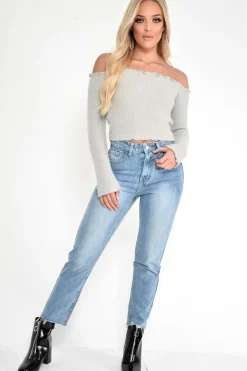 Rebellious Fashion Grey Soft Knit Bardot Crop Jumper - Sidnee