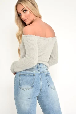 Rebellious Fashion Grey Soft Knit Bardot Crop Jumper - Sidnee