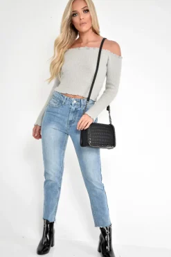 Rebellious Fashion Grey Soft Knit Bardot Crop Jumper - Sidnee