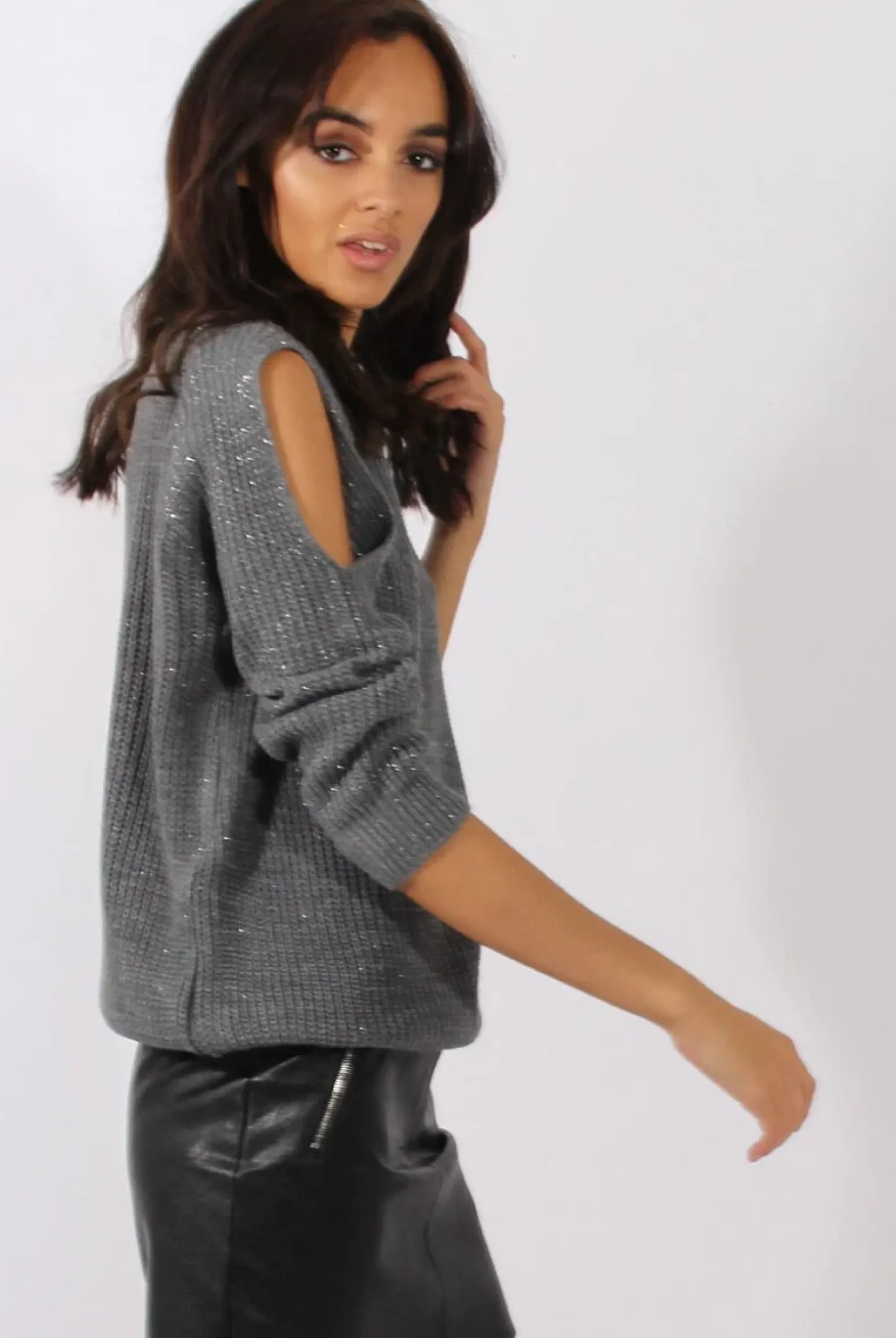 Rebellious Fashion Grey Sparkle Knitted Cold Shoulder Jumper - May