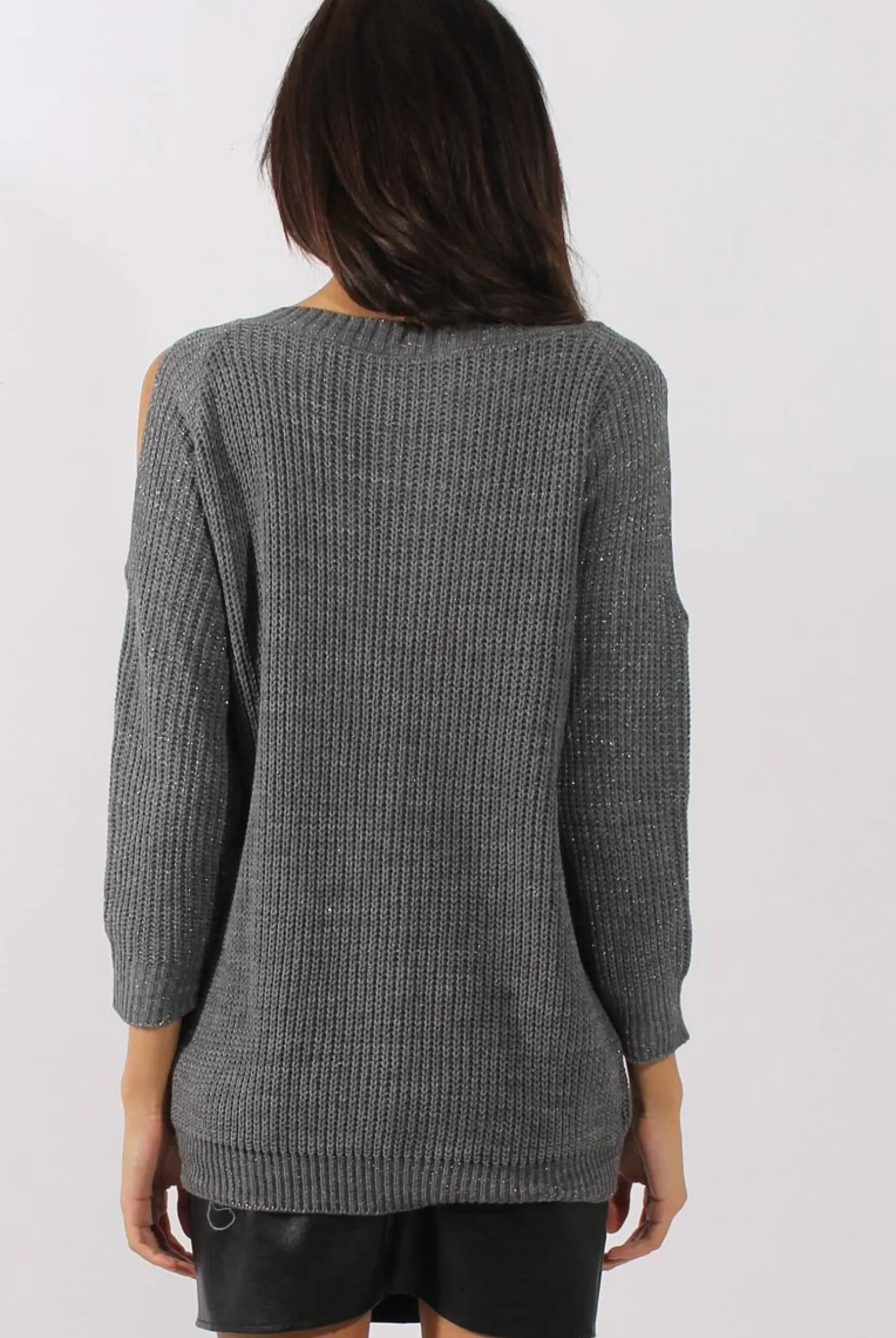 Rebellious Fashion Grey Sparkle Knitted Cold Shoulder Jumper - May