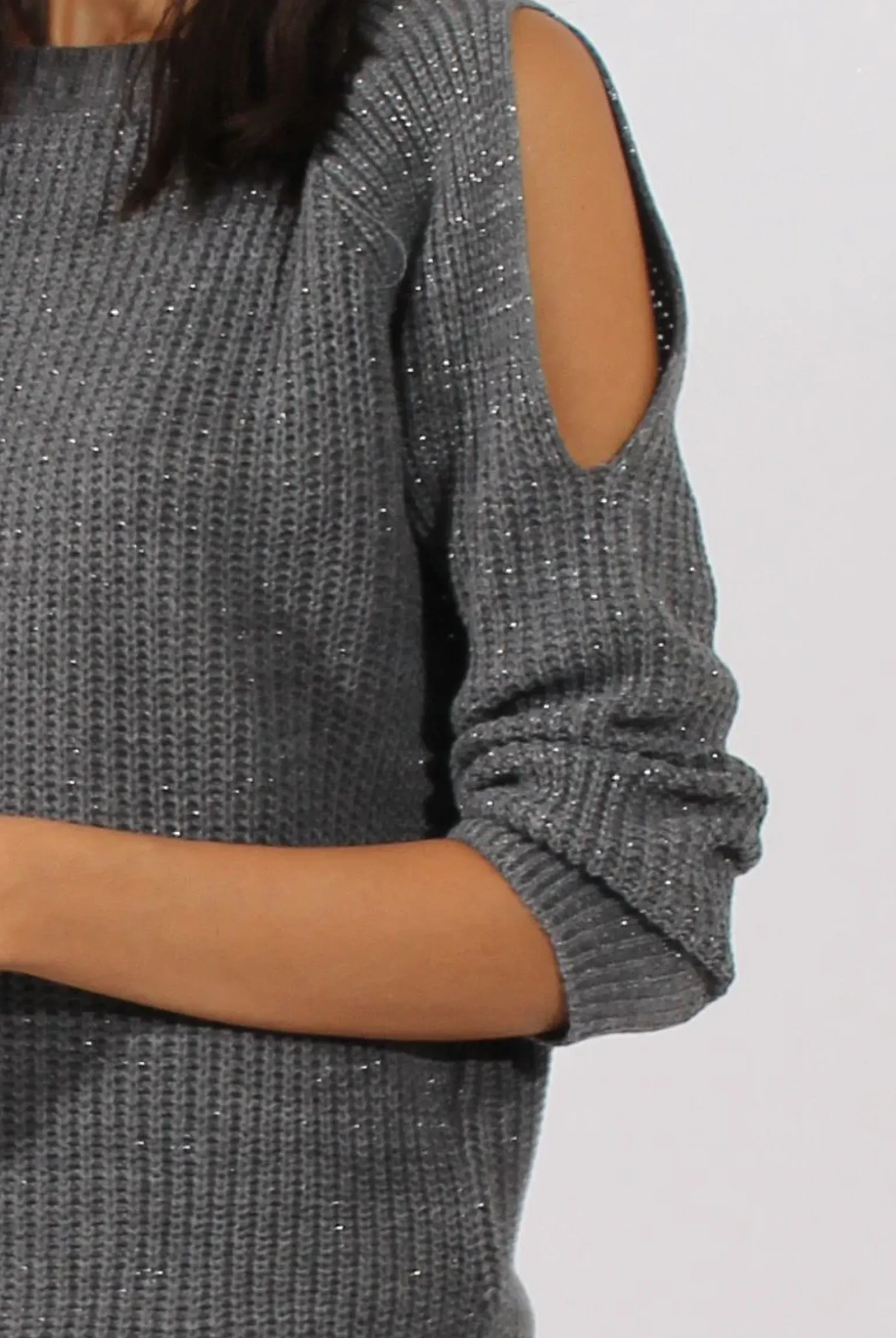 Rebellious Fashion Grey Sparkle Knitted Cold Shoulder Jumper - May