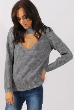 Rebellious Fashion Grey Sparkle Knitted Cut Out Front Jumper - Meri