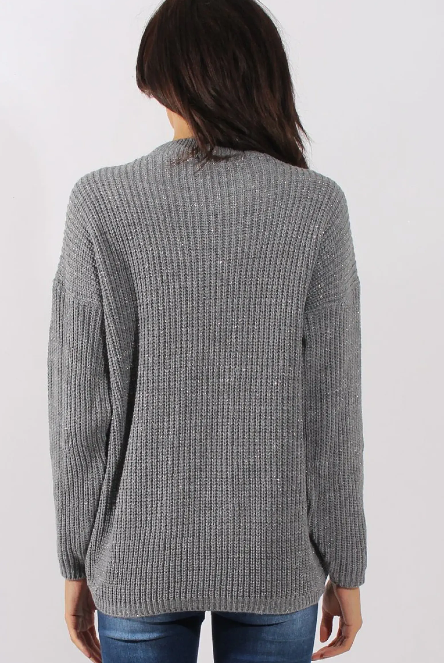 Rebellious Fashion Grey Sparkle Knitted Cut Out Front Jumper - Meri
