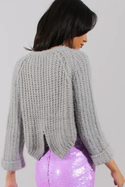 Rebellious Fashion Grey Split Back Cropped Fluffy Jumper - Laura