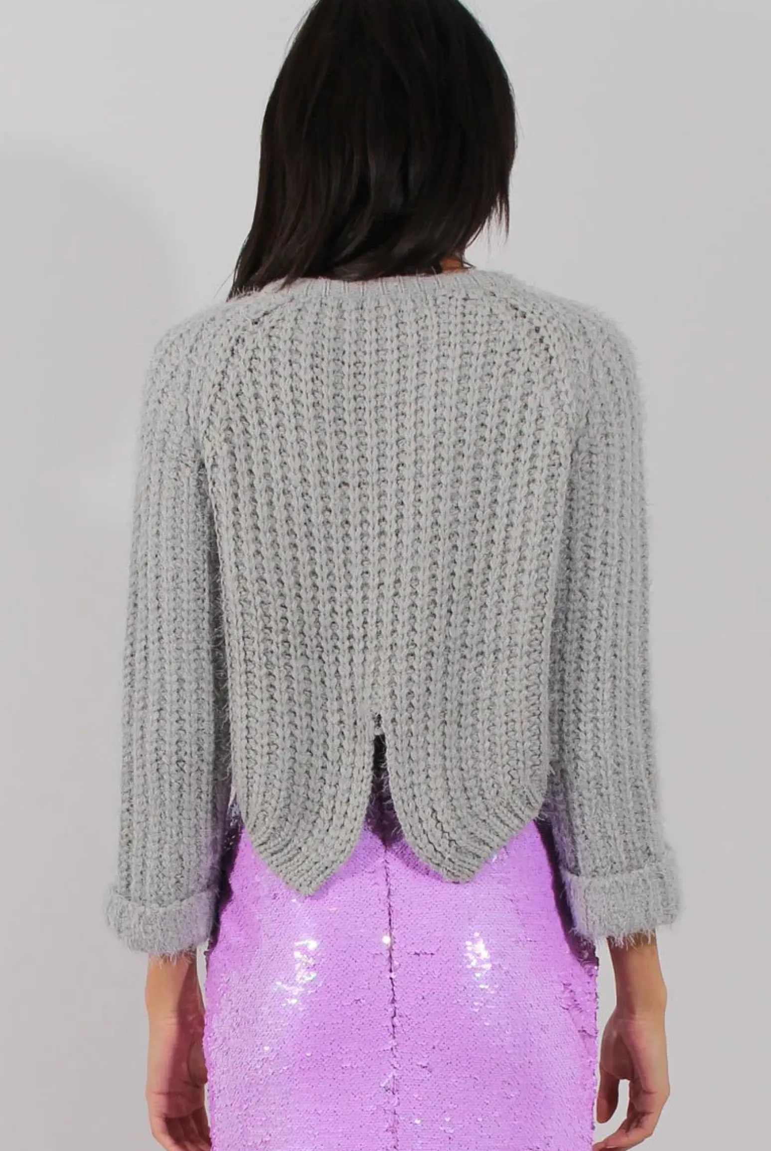 Rebellious Fashion Grey Split Back Cropped Fluffy Jumper - Laura
