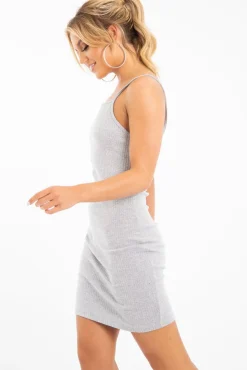 Rebellious Fashion Grey Square Neckline Ribbed Midi Dress - Sunday