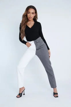Rebellious Fashion Grey Straight Leg Split Colour Jeans - Jakia