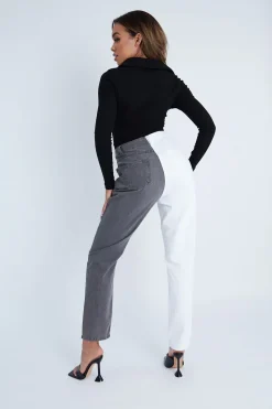 Rebellious Fashion Grey Straight Leg Split Colour Jeans - Jakia