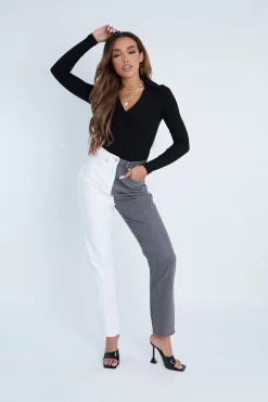 Rebellious Fashion Grey Straight Leg Split Colour Jeans - Jakia