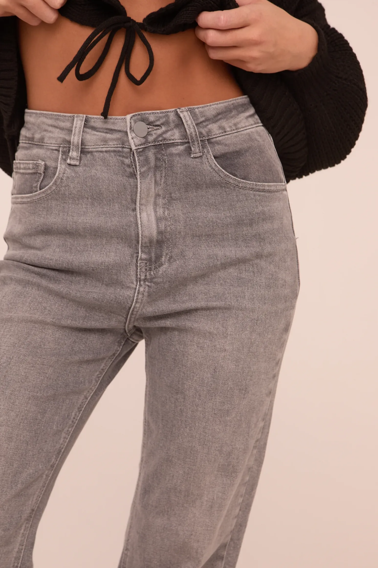 Rebellious Fashion Grey Stretch Mid Waist Straight Leg Denim Jeans - Phoenix