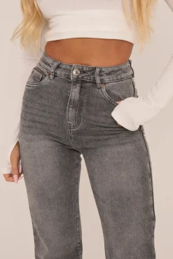 Rebellious Fashion Grey Stretch Straight Leg Frayed Hem Jeans - Scarlett