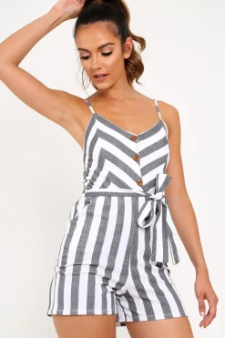Rebellious Fashion Grey Stripe Button Front Cami Tie Waist Playsuit - Alanni