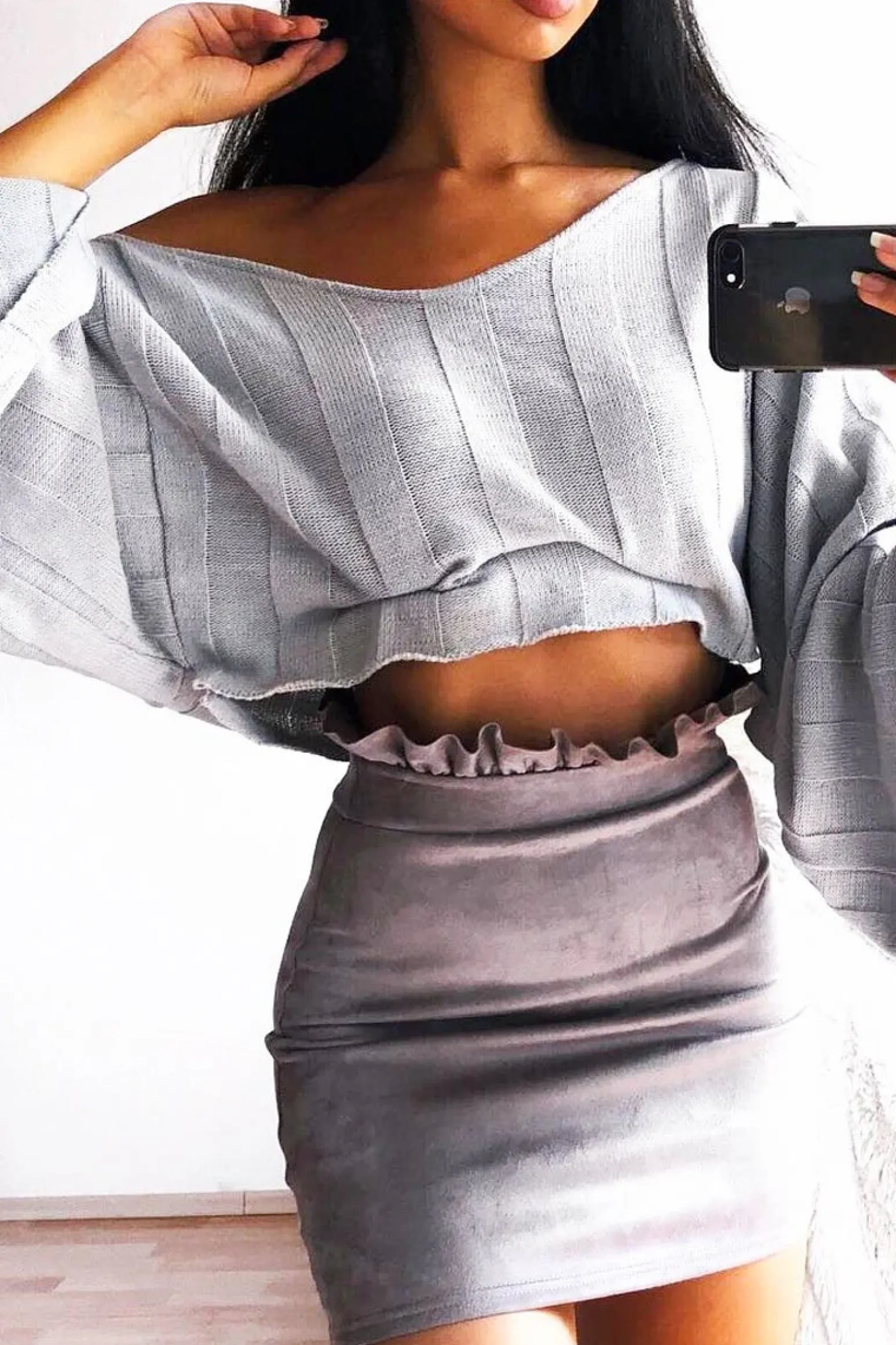 Rebellious Fashion Grey Striped Cropped Batwing Jumper with V neck -Karri