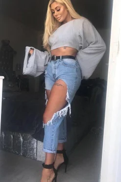 Rebellious Fashion Grey Striped Cropped Batwing Jumper with V neck -Karri