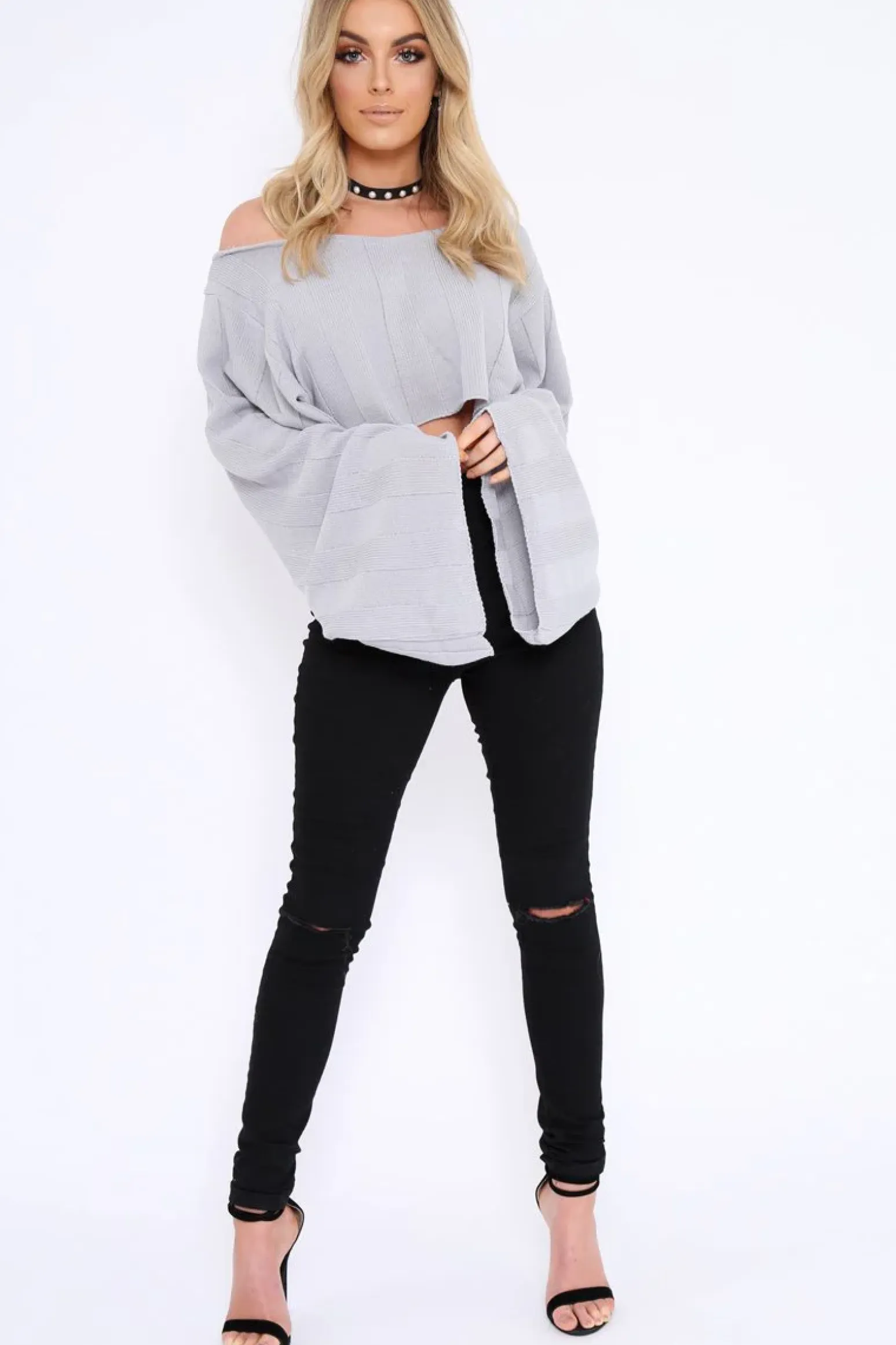 Rebellious Fashion Grey Striped Cropped Batwing Jumper with V neck -Karri