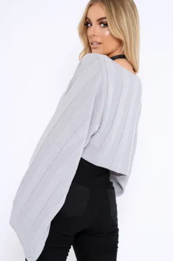 Rebellious Fashion Grey Striped Cropped Batwing Jumper with V neck -Karri