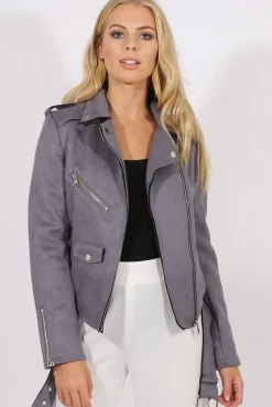 Rebellious Fashion Grey Suede Belted Biker Jacket - Marcy