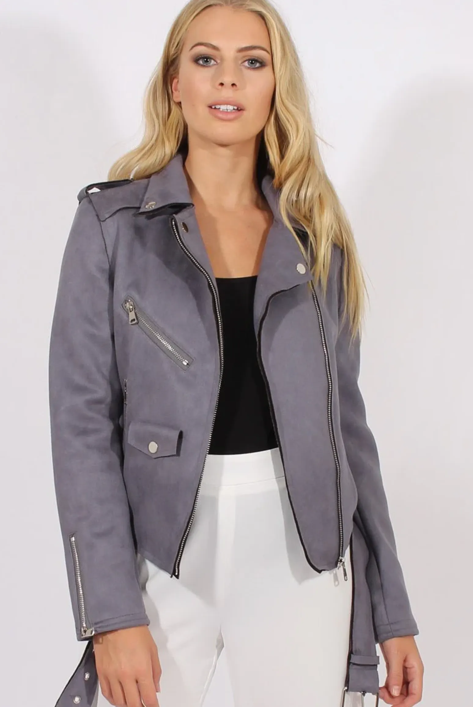 Rebellious Fashion Grey Suede Belted Biker Jacket - Marcy