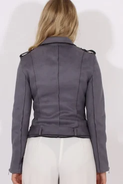 Rebellious Fashion Grey Suede Belted Biker Jacket - Marcy