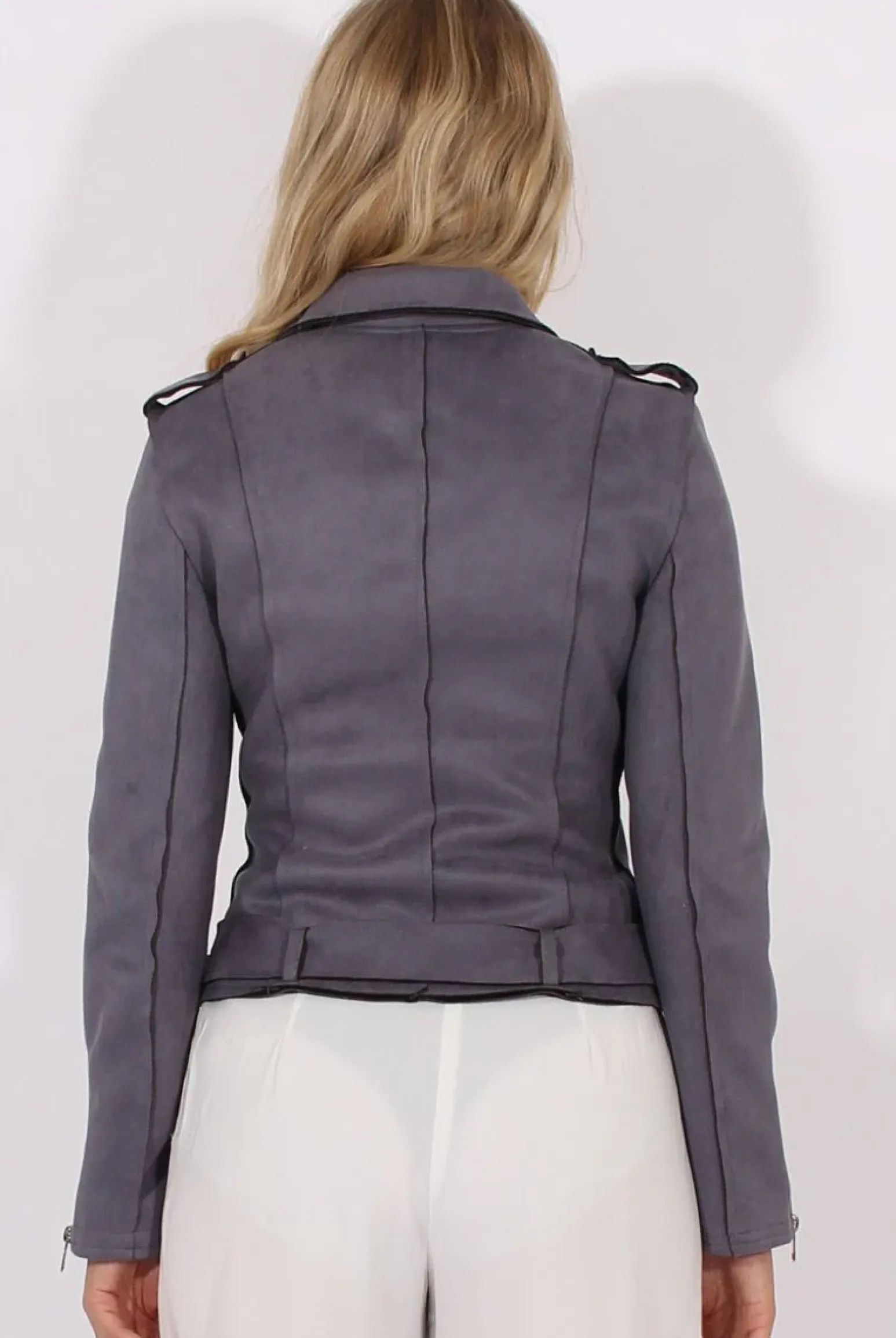 Rebellious Fashion Grey Suede Belted Biker Jacket - Marcy