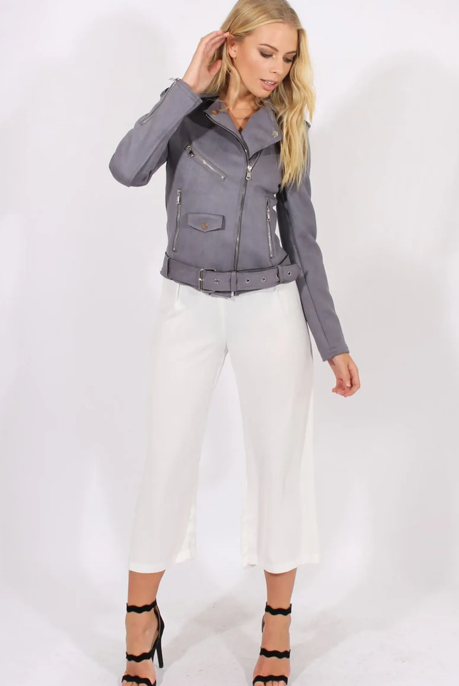 Rebellious Fashion Grey Suede Belted Biker Jacket - Marcy