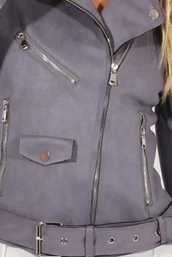 Rebellious Fashion Grey Suede Belted Biker Jacket - Marcy