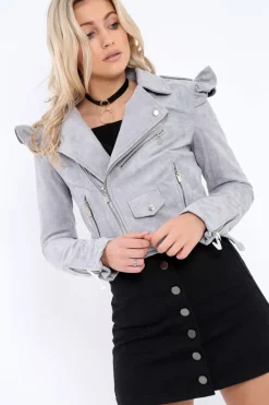 Rebellious Fashion Grey Suede Biker Jacket - Taya