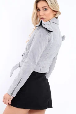 Rebellious Fashion Grey Suede Biker Jacket - Taya