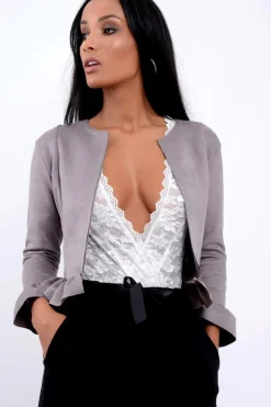 Rebellious Fashion Grey Suedette Frill Hems Jacket - Elsa