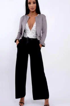 Rebellious Fashion Grey Suedette Frill Hems Jacket - Elsa