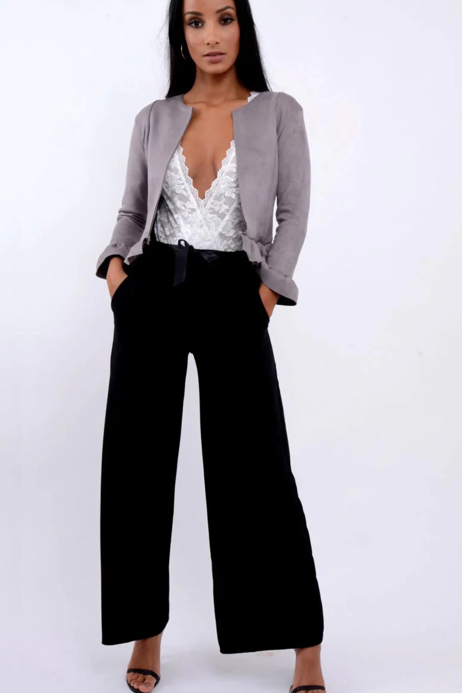 Rebellious Fashion Grey Suedette Frill Hems Jacket - Elsa