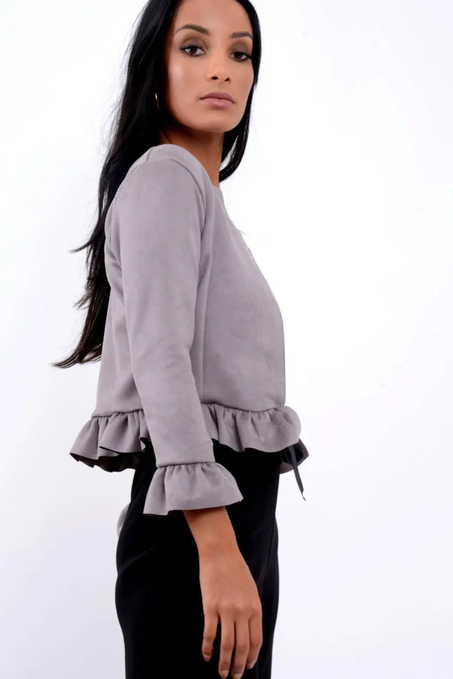 Rebellious Fashion Grey Suedette Frill Hems Jacket - Elsa