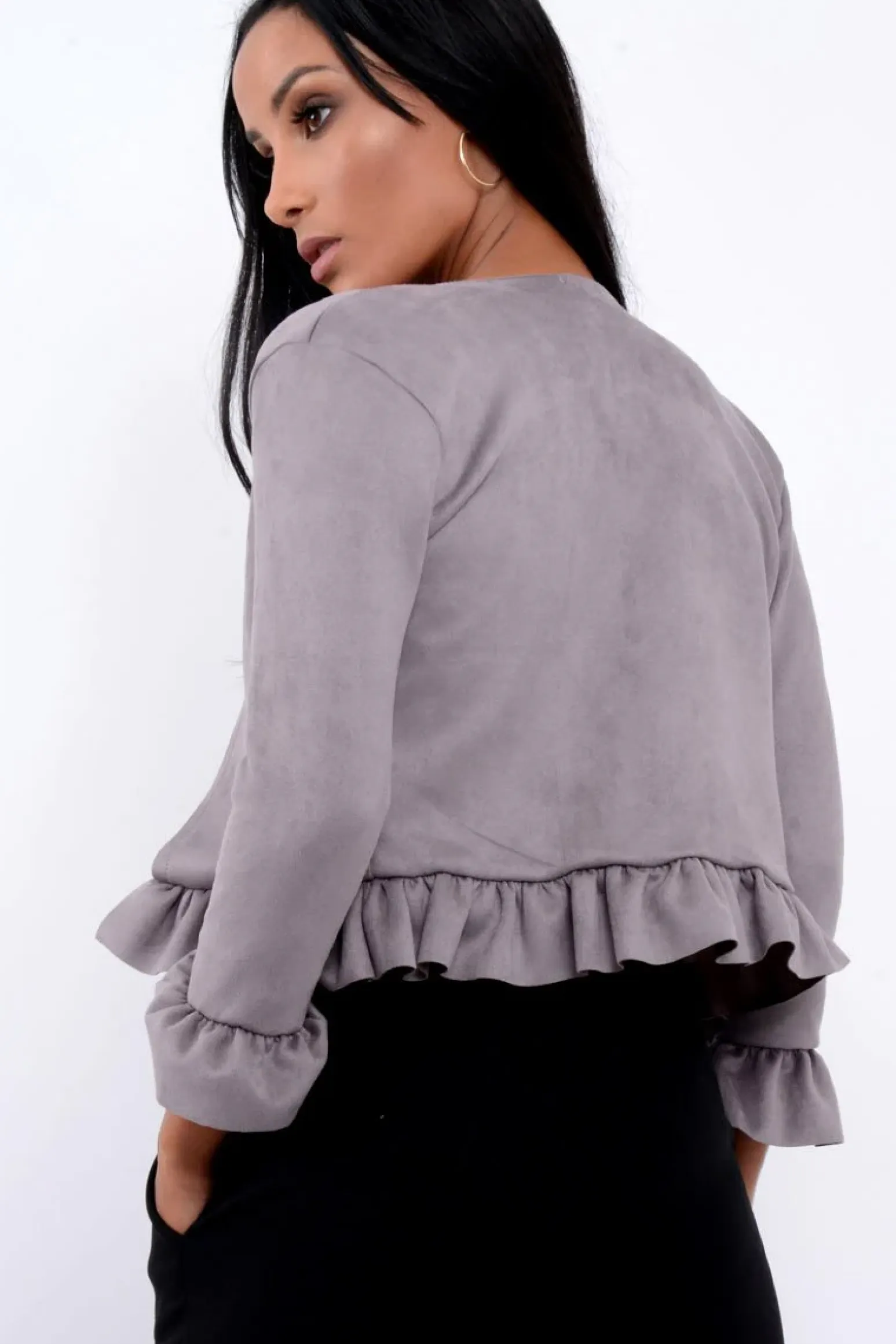 Rebellious Fashion Grey Suedette Frill Hems Jacket - Elsa
