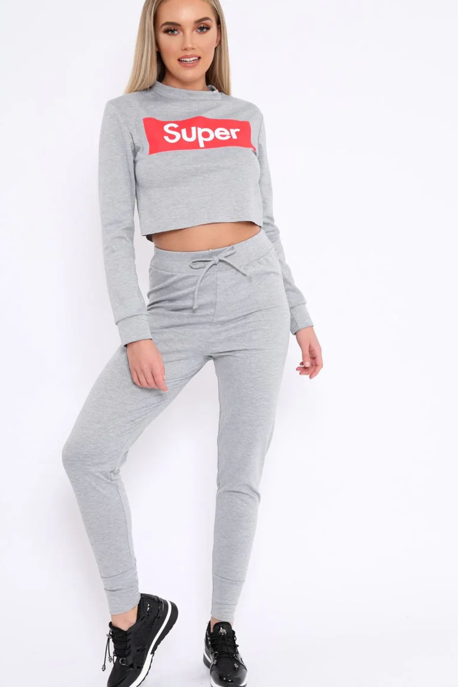 Rebellious Fashion Grey Super Red Slogan Crop Jumper And Joggers Loungerwear Set - Olita