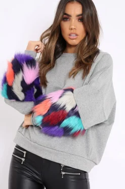 Rebellious Fashion Grey Sweatshirt with Multicolour Fur Sleeves - Loise